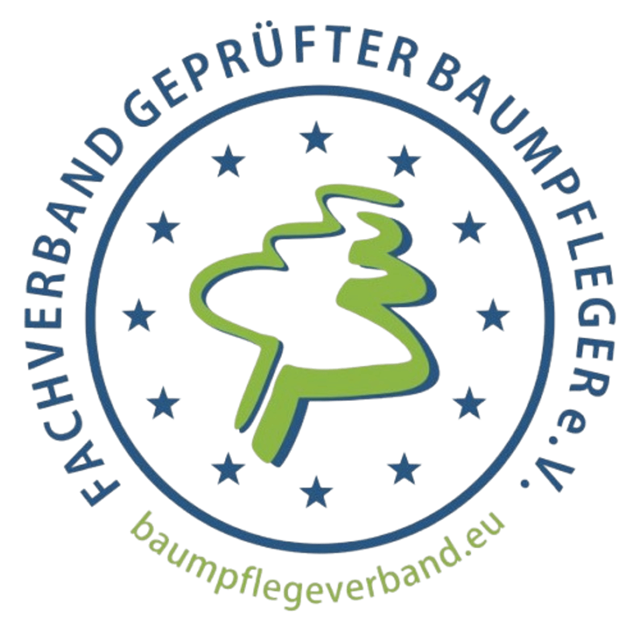 Kreisförmiges Logo mit einem stilisierten Baum und dem Text "FACHVERBAND GEPRÜFTER BAUMPfLEGER e.V. baumpflegeverband.eu".